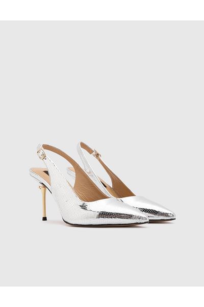 İLVİ Panya Genuine Snake Printed Leather Women's Silver Color Heeled Sandals