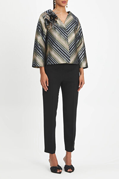 SERPİL Truvakar Kol V Yaka Simli Çiçek Aksesuarlı Indigo Ceket 40254