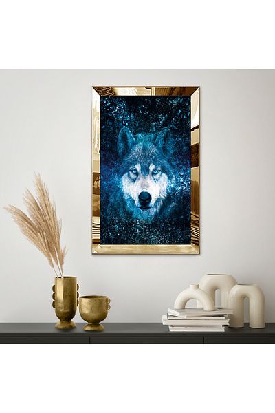 Zevahir Mobilya Dekorasyon Μονός τραπέζι MDF Blue-Eyed Wolf με χρυσό καθρέφτη από πλεξιγκλάς