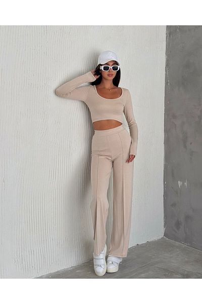 HARMONY GLOBAL Beige Modal Women's Trousers - Elastic Waist, Striped, Pool Collar, Long Sleeve Crop T-Shirt 7101