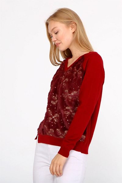 FTZ WOMEN Tricotaj de damă cu broderie de pluș Roșu Claret 21-1043