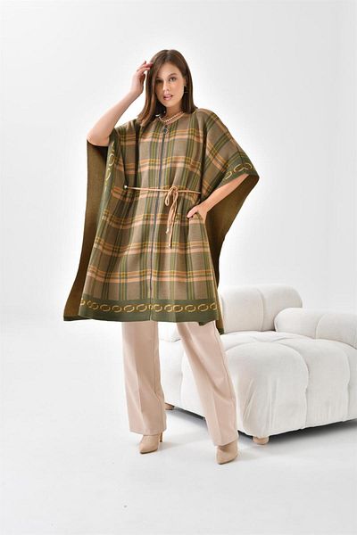 FTZ WOMEN Women's Plaid Detail Poncho Khaki 21-1116