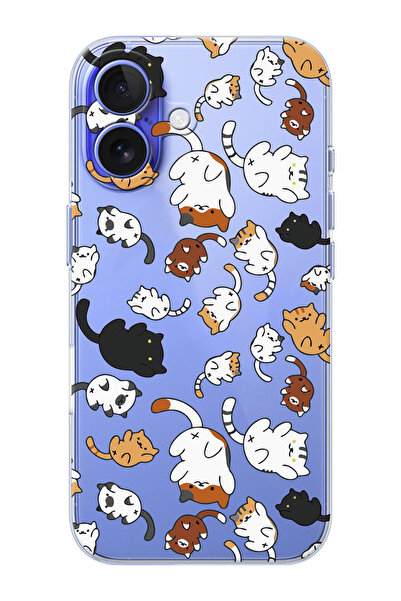 shoptocase iPhone 16 PLUS Uyumlu Kedicikler Desenli Şeffaf Silikon Telefon Kı...
