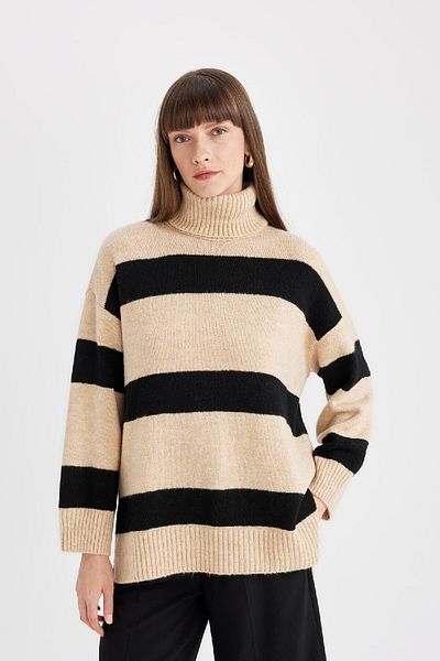 DeFacto Relax Fit Rollkragenpullover mit Streifen Tunika A8595axns
