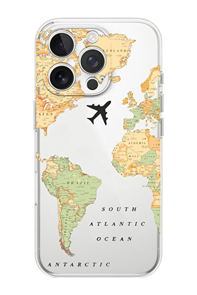 shoptocase iPhone 16 PRO MAX Uyumlu Eski Dünya Haritası Desenli Şeffaf Siliko...