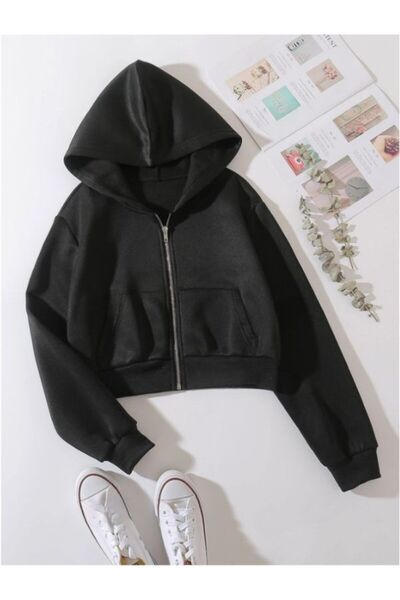 MOONBULL Kadın Oversize Fermuarlı Kapüşonlu Crop Sweat Hırka