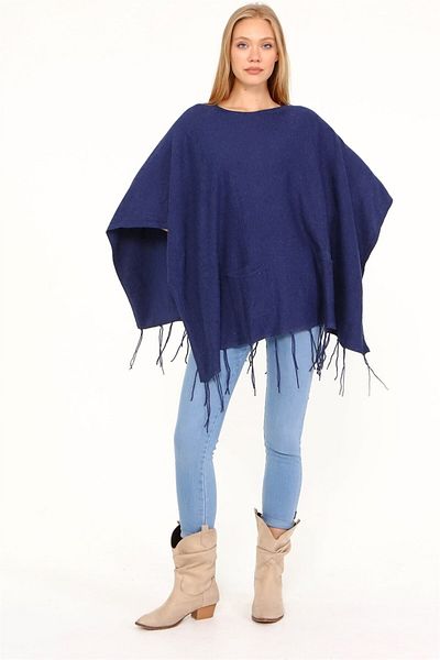 FTZ WOMEN Women's Tassel Detail Poncho Indigo 20-233
