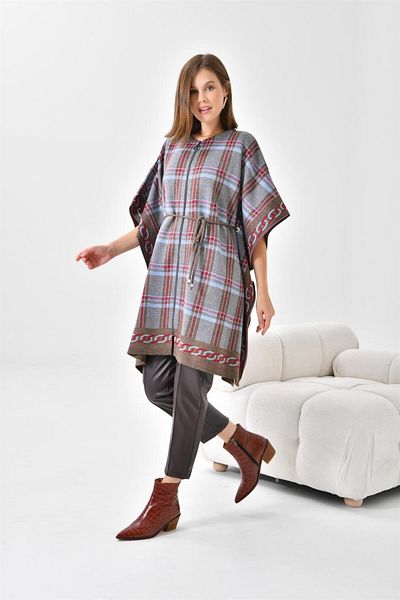 FTZ WOMEN Γυναικεία καρό λεπτομέρεια Poncho Brown 21-1116
