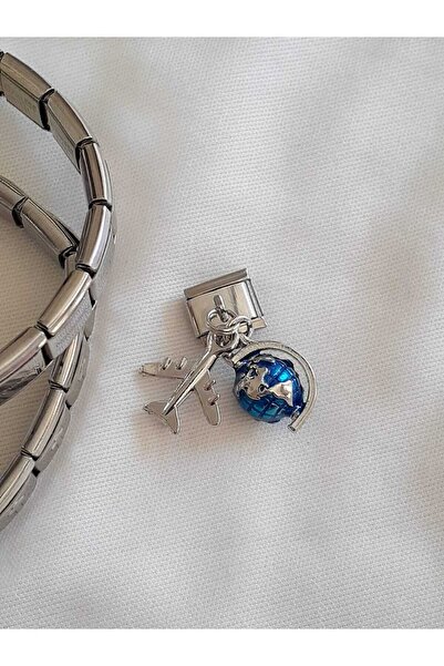 bijoux uniques Travel Passion with Earth & Airplane Steel Italian Charm