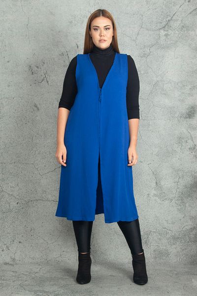 Şans Women's Large Size Saxe Lacing Detailed Unlined Long Vest 65N38333