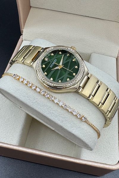 Homies Small Case Model Women's Wristwatch Gold Color Green Dial Bracelet Gift.