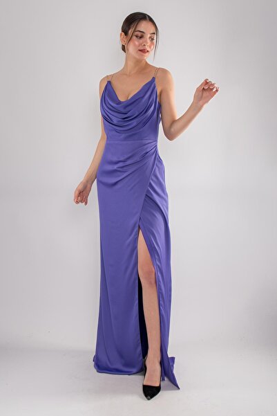 DORİDORCA 4116 Taş Askı Şal Yaka Saten Uzun Elbise