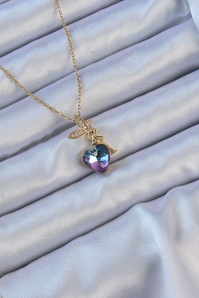 Mu Art Ahşap 316l steel chain gold color purple blue color zircon stone heart detail fairy necklace