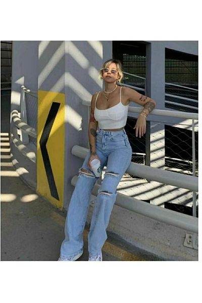 Trn JNS Lusia 90S Blue Ripped Palazzo Jeans - Extra vysoký pas, Detail Snow Wash