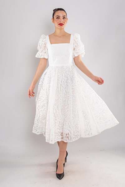 DANS ABİYE 1491 Balon Kol Simli Kare Yaka Kloş Etek Kısa Abiye Elbise