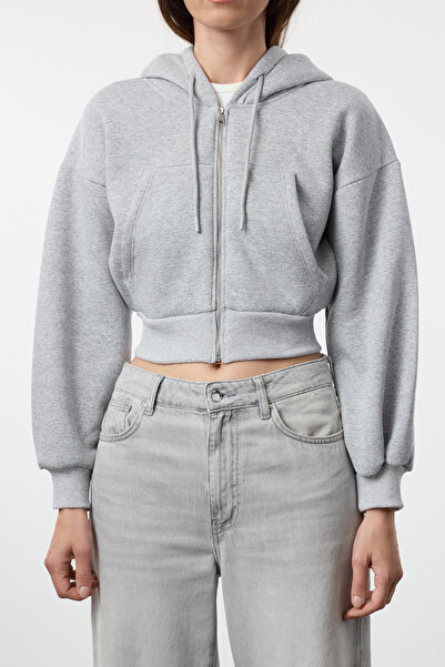 Trendyol Collection Thick Fleece Gray Knitted Sweatshirt - Hooded, Melange Regular Twoaw25sw00068