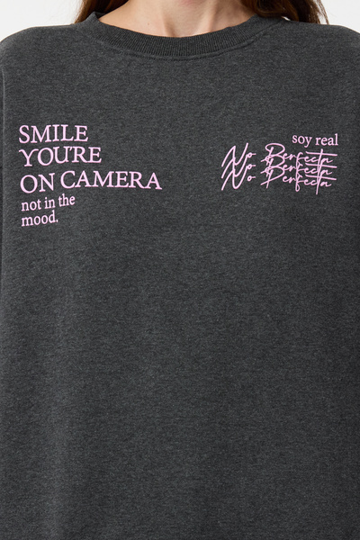 Trendyol Collection Crew Neck Fleece Knitted Sweatshirt - Dark Anthracite, Printed, Thick Inside - Twoaw22Sw1957