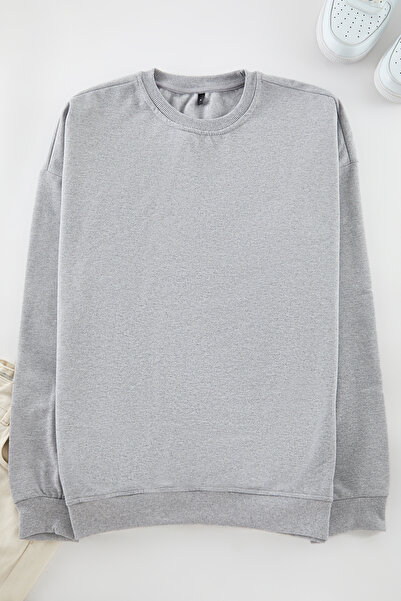 Trendyol Collection Šedá fleecová mikina s potiskem s výstřihem a výstřihem - Tmnaw23Sw00278