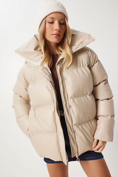 Happiness İstanbul Women's Beige Stand Collar Faux Leather Puffer Jacket Pys0029