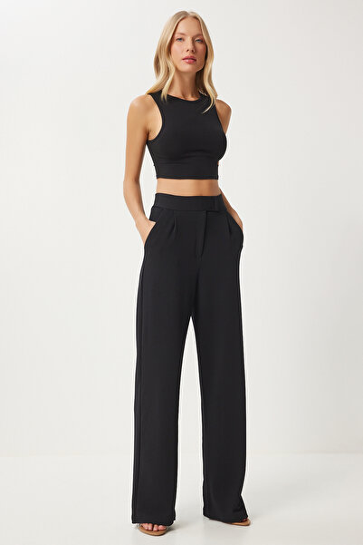 Happiness İstanbul Kadın Siyah Beli Cırtlı Rahat Dokuma Pantolon RV00150