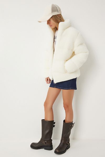 Happiness İstanbul Women's Ecru Stand Collar Plush Puffer Jacket Qa00002