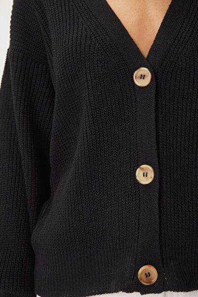 Happiness İstanbul Kadın Siyah V Yakalı Düğmeli Triko Hırka ZA00025