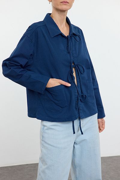 Edit by Trendyol Navy Blue Denim Jacket - with Tie Detail, TEDAW25CE00005