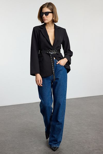 Trendyol Collection Black Belted Woven Blazer Jacket Twoaw25Bc00031
