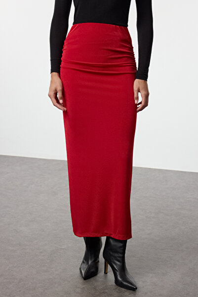 Trendyol Collection Claret Red Premium - Maxi Skirt with Shiny Surface and Soft Draping Twoaw24Et00090