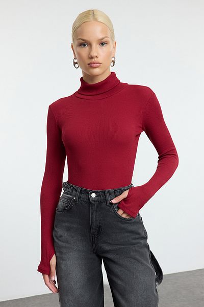 Trendyol Collection Bluză elastică cu degete cu gât țesut - Roșu Claret TWOAW21BZ0071