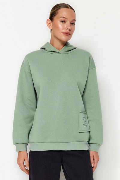 Trendyol Collection Mint Silný fleece Uvnitř Potištěný Uvolněný/pohodlný střih Pletená mikina s kapucí TWOAW23SW00430