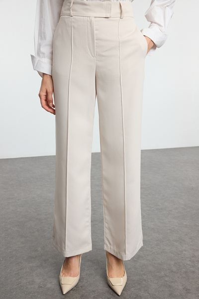 Trendyol Collection Magas derekú, széles szárú bézs szőtt nadrág - TWOAW25PL00084