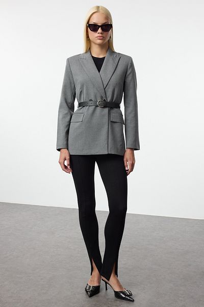 Trendyol Collection Tkaná bunda šedého saka - s páskem, Twoaw25Bc00017