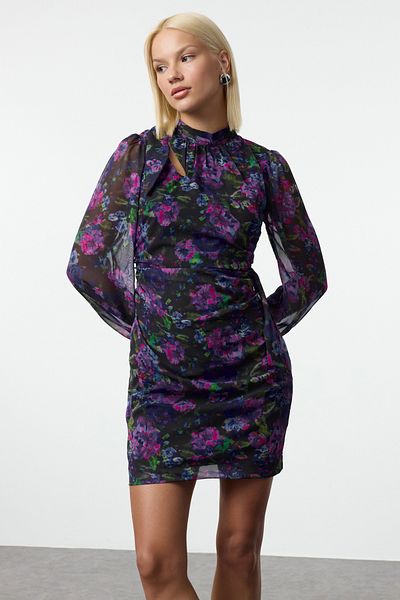 Trendyol Collection Μίνι φόρεμα σιφόν με όρθιο γιακά - μωβ φλοράλ στάμπα, φόδρα, εφαρμοστό TWOAW25EL00427