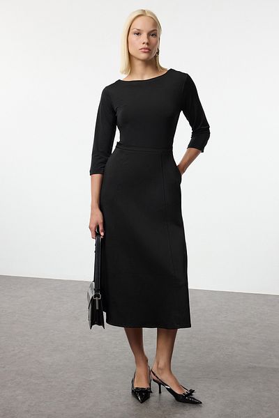 Trendyol Collection Black Midi Woven Dress - with Waist Opening Fabric Mix, Twoaw25el00144
