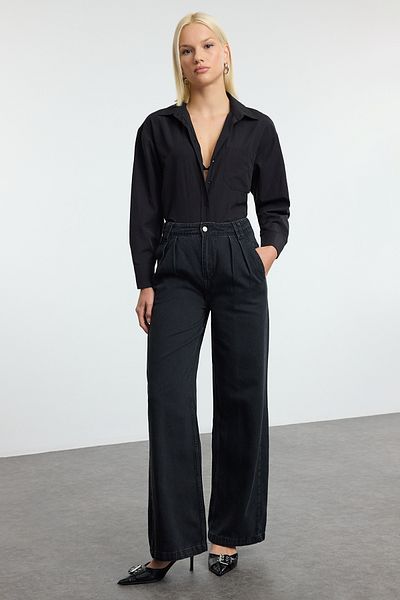 Trendyol Collection Jeansy z wysokim stanem i szerokimi nogawkami w kolorze czarnym - z przeszyciami Twoaw25Je00232