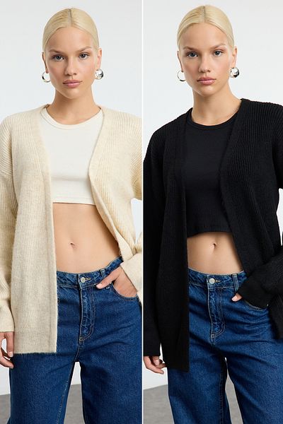 Trendyol Collection 2-Pack Black and Stone Textured Knitwear Cardigan - Twoaw25Hi00348