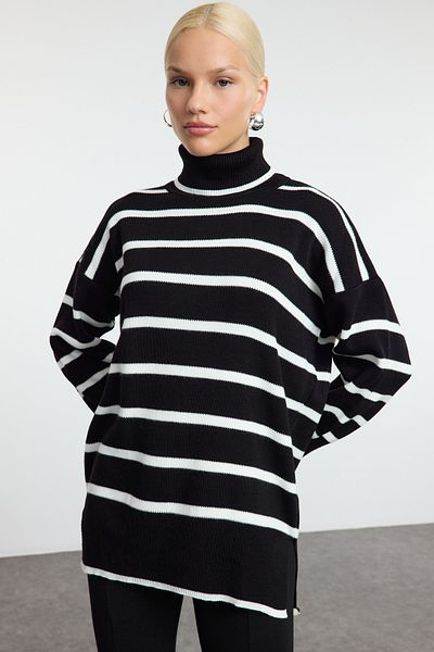 Trendyol Collection Pulover de tricotaj cu dungi negre cu potrivire largă - înaltă TWOAW25KZ00378