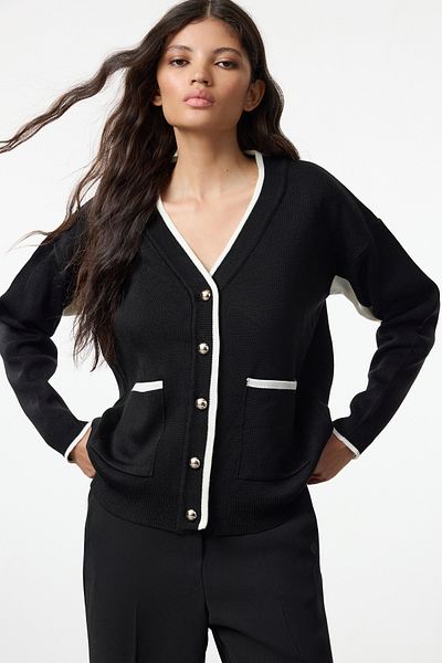 Trendyol Collection Wide Fit Black Knitwear Cardigan - Color Block, Twoaw25Hi00256