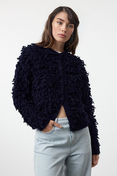 Trendyol Collection Navy Blue Knitwear Cardigan - Tasseled Coat Twoaw25Hi00190