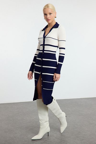 Trendyol Collection Πλεκτό φόρεμα Navy Blue Midi Block ριγέ - TWOAW25EL00015