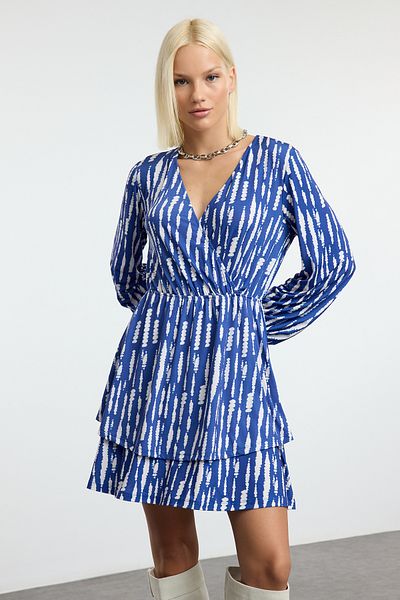 Trendyol Collection Rochie tricotată mini indigo cu guler cu volane - TWOAW25EL00449