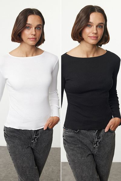 Trendyol Collection Black-white Double Pack - Body Fitting Regular Baby Knitted Blouse with Overlock Detail Twoaw25bz00210