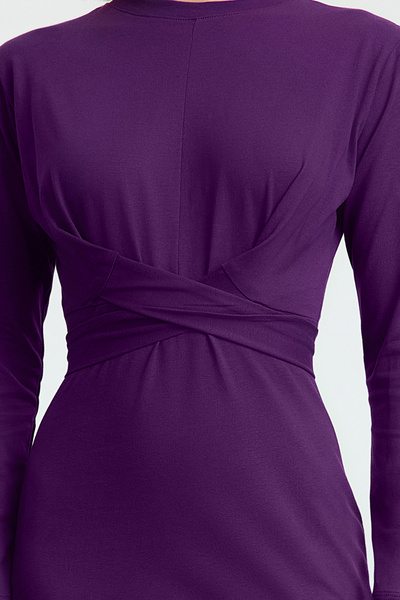 Trendyol Collection Sukienka midi z dzianiny bawełnianej 100% - fioletowa, z wiązaniem, dopasowana Twoaw25El00506
