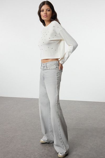 Trendyol Collection Flexibilní pletená halenka - White Soft Stone Detailed Twoaw25bz00284