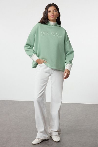 Trendyol Collection Fleecová pletenina Pletená mikina s páskem Mint s kapucí - Twoaw22sw1806
