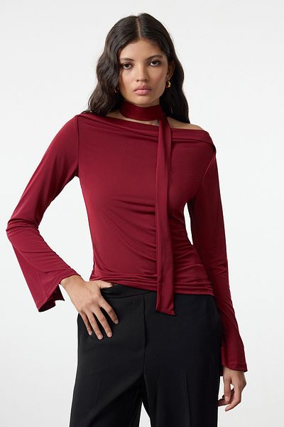 Trendyol Collection Bluză tricotată roșu Claret elastic - Detaliu șal, potrivire pe corp TWOAW25BZ00107