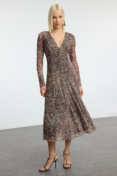 Trendyol Collection Twoaw25El00447 Καφέ Μίντι Πλεκτό Φόρεμα A-Line - Animal Pattern