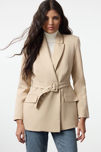 Trendyol Collection Béžová bunda z tkaného saka Twoaw25Bc00015