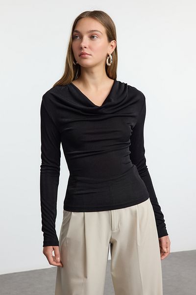 Trendyol Collection Ελαστικό μακρυμάνικο - Degaje γιακά μαύρη πλεκτή μπλούζα TWOAW25BZ00252